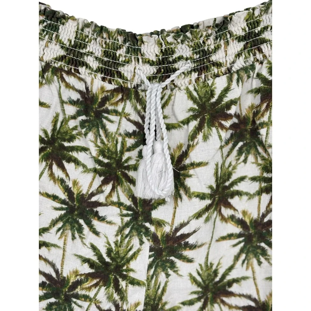 Briggs Palm Tree Shorts Green White Smocked Tassel Linen Blend XXL
